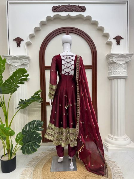 Perfect Maroon Fendy Silk Embroidered Gown Pant Dupatta Set For Wedding Wear Ready To Wear Collection