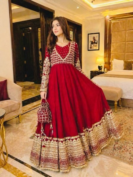 Perfect Maroon Georgette Embroidered Gown with Dupatta Set for Wedding Functions Ready To Wear Suit