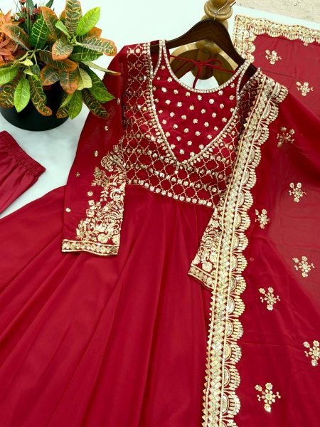 Perfect Maroon Georgette Embroidered Gown with Dupatta Set for Wedding Functions Ready To Wear Collection