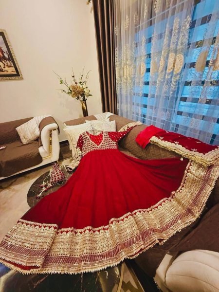Perfect Maroon Georgette Embroidered Gown with Dupatta Set for Wedding Functions Ready To Wear Collection