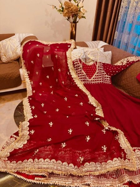 Perfect Maroon Georgette Embroidered Gown with Dupatta Set for Wedding Functions Ready To Wear Collection