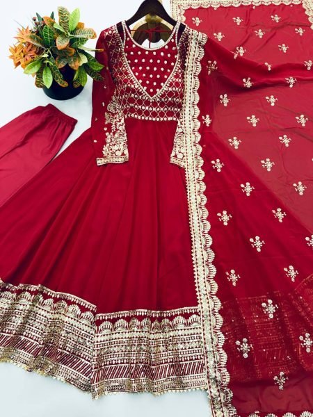 Perfect Maroon Georgette Embroidered Gown with Dupatta Set for Wedding Functions Ready To Wear Collection