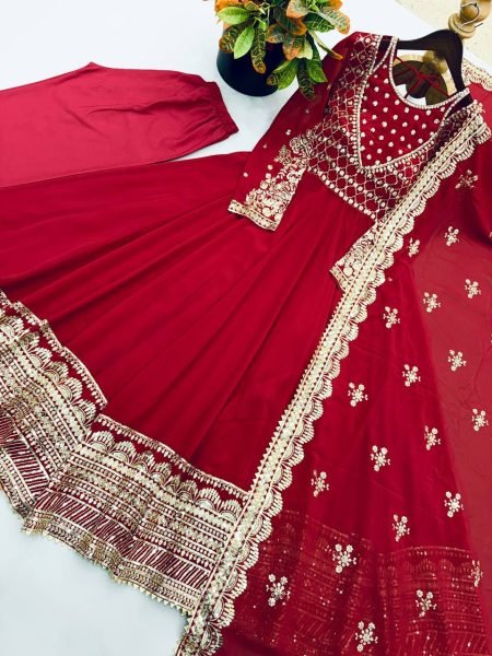 Perfect Maroon Georgette Embroidered Gown with Dupatta Set for Wedding Functions Ready To Wear Collection