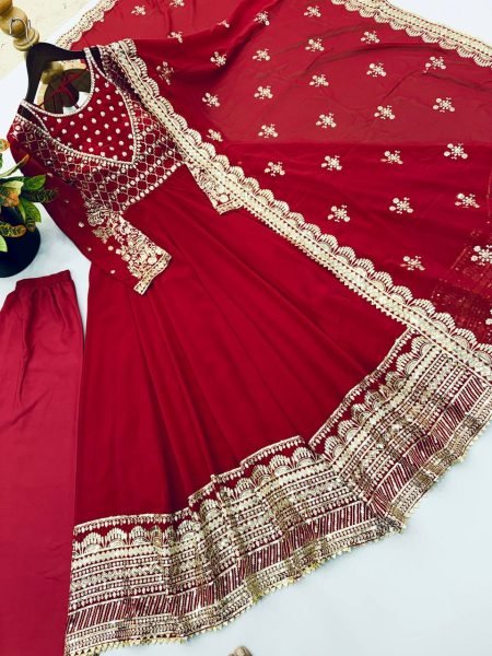 Perfect Maroon Georgette Embroidered Gown with Dupatta Set for Wedding Functions Ready To Wear Collection