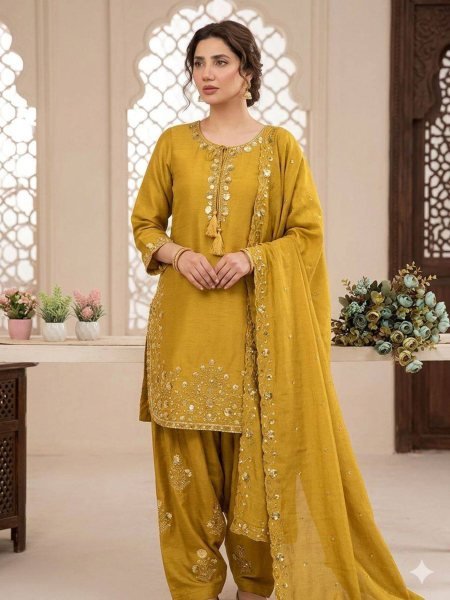 Perfect Mustard Yellow Fit Silk Sequence Top with Embroidered Farshi Salwar and Designer Dupatta Ready To Wear Suit
