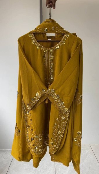 Perfect Mustard Yellow Fit Silk Sequence Top with Embroidered Farshi Salwar and Designer Dupatta Ready To Wear Collection