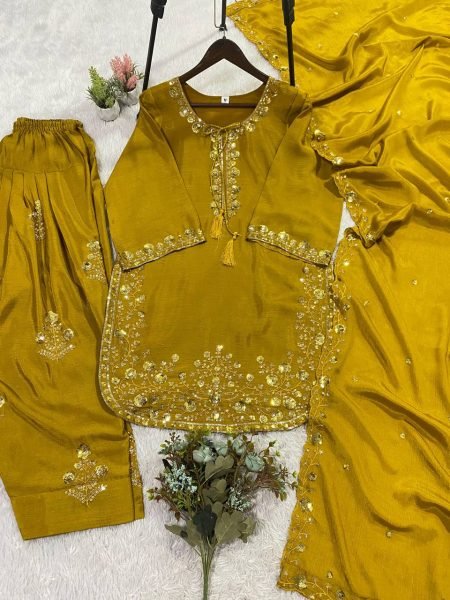 Perfect Mustard Yellow Fit Silk Sequence Top with Embroidered Farshi Salwar and Designer Dupatta Ready To Wear Collection