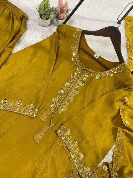 Perfect Mustard Yellow Fit Silk Sequence Top with Embroidered Farshi Salwar and Designer Dupatta Ready To Wear Collection