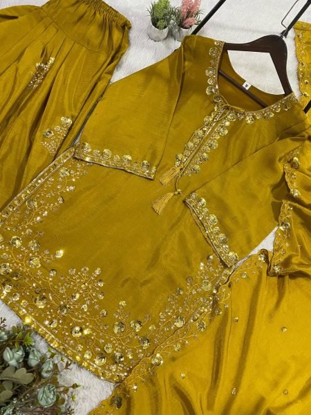 Perfect Mustard Yellow Fit Silk Sequence Top with Embroidered Farshi Salwar and Designer Dupatta Ready To Wear Collection