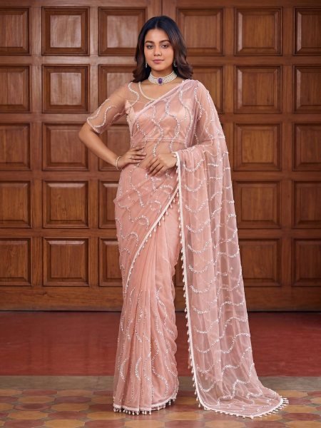Perfect Peach Royal Net Saree with Pearl and Sequins Embroidery Work Sarees 