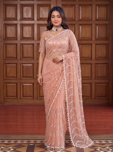 Perfect Peach Royal Net Saree with Pearl and Sequins Embroidery Work Net Sarees Wholesale