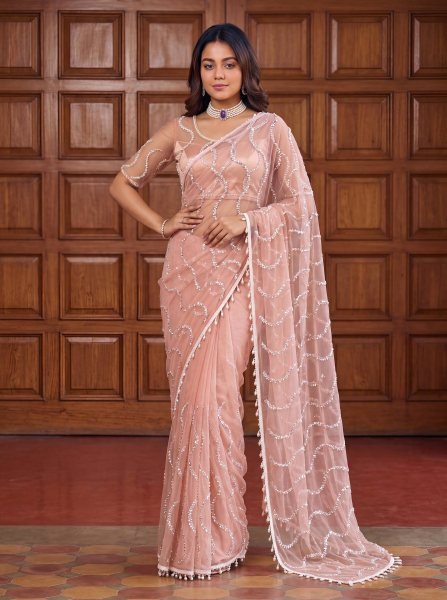 Perfect Peach Royal Net Saree with Pearl and Sequins Embroidery Work Net Sarees Wholesale