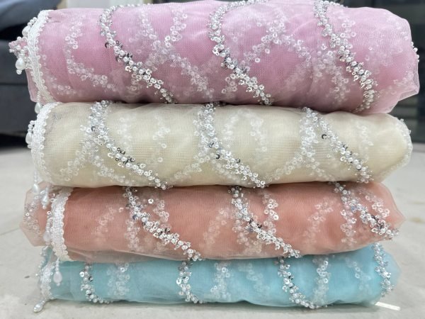 Perfect Peach Royal Net Saree with Pearl and Sequins Embroidery Work Net Sarees Wholesale