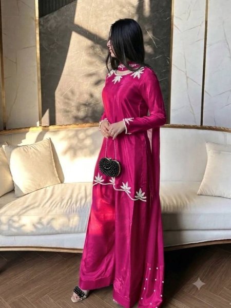 Perfect Pink Designer Party Wear Farsi Salwar Suit with Heavy Embroidery Work Ready To Wear Suit