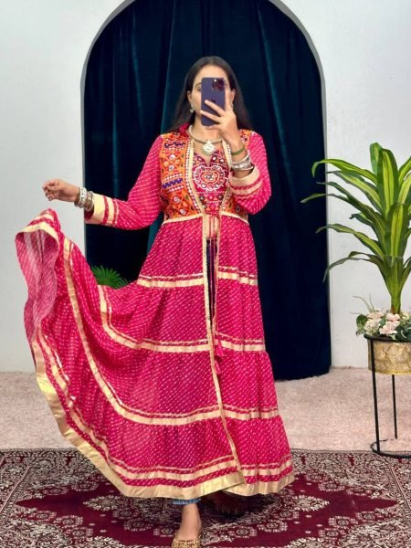 Perfect Pink Printed Faux Georgette Shrug with Embroidered Blouse For Navrati 