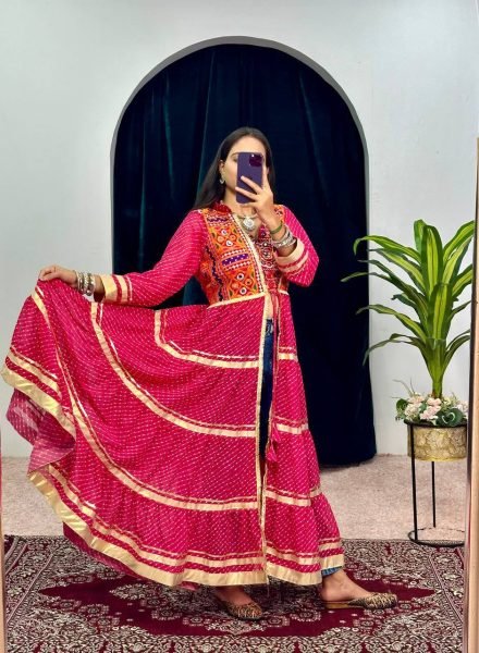 Perfect Pink Printed Faux Georgette Shrug with Embroidered Blouse For Navrati Navratri Collection