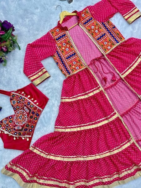 Perfect Pink Printed Faux Georgette Shrug with Embroidered Blouse For Navrati Navratri Collection