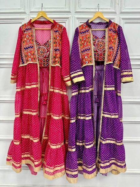 Perfect Pink Printed Faux Georgette Shrug with Embroidered Blouse For Navrati Navratri Collection