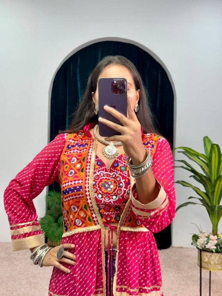 Perfect Pink Printed Faux Georgette Shrug with Embroidered Blouse For Navrati Navratri Collection