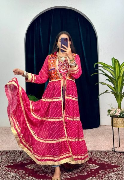 Perfect Pink Printed Faux Georgette Shrug with Embroidered Blouse For Navrati Navratri Collection