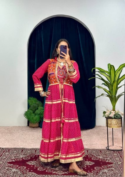Perfect Pink Printed Faux Georgette Shrug with Embroidered Blouse For Navrati Navratri Collection