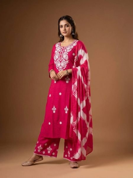 Perfect Rani Pink Designer Rayon Cotton Kurti Pant Set with Embroidery Work 