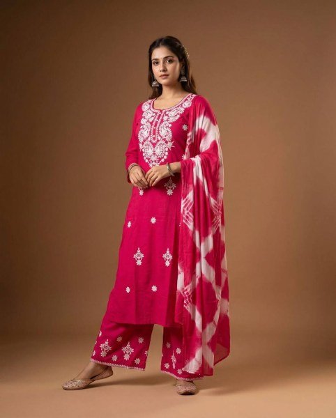 Perfect Rani Pink Designer Rayon Cotton Kurti Pant Set with Embroidery Work Embroidery Kurtis 