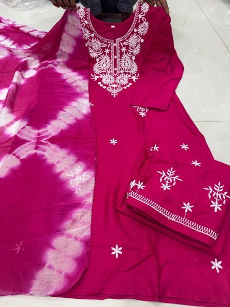 Perfect Rani Pink Designer Rayon Cotton Kurti Pant Set with Embroidery Work Embroidery Kurtis 