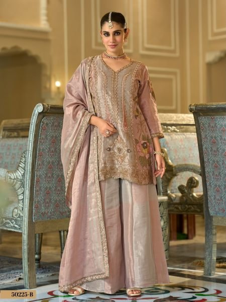 Perfect Rose Golden Viscose Kanjivaram Top Palazzo Dupatta Set for Women 