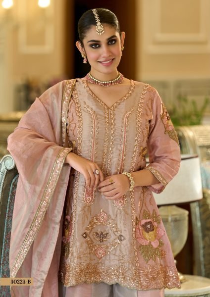Perfect Rose Golden Viscose Kanjivaram Top Palazzo Dupatta Set for Women Designer Plazzo Salwar Suits Wholesale