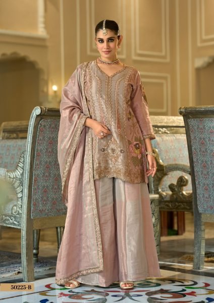 Perfect Rose Golden Viscose Kanjivaram Top Palazzo Dupatta Set for Women Designer Plazzo Salwar Suits Wholesale