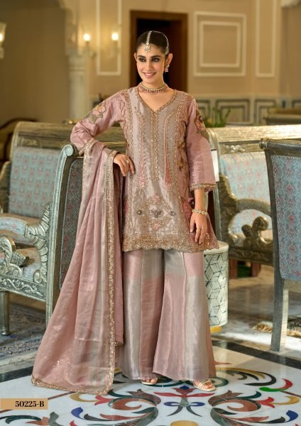 Perfect Rose Golden Viscose Kanjivaram Top Palazzo Dupatta Set for Women Designer Plazzo Salwar Suits Wholesale