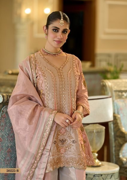 Perfect Rose Golden Viscose Kanjivaram Top Palazzo Dupatta Set for Women Designer Plazzo Salwar Suits Wholesale