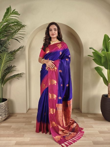 Perfect Royal Blue Tone Silk Saree with Peacock Motif Border For Party 