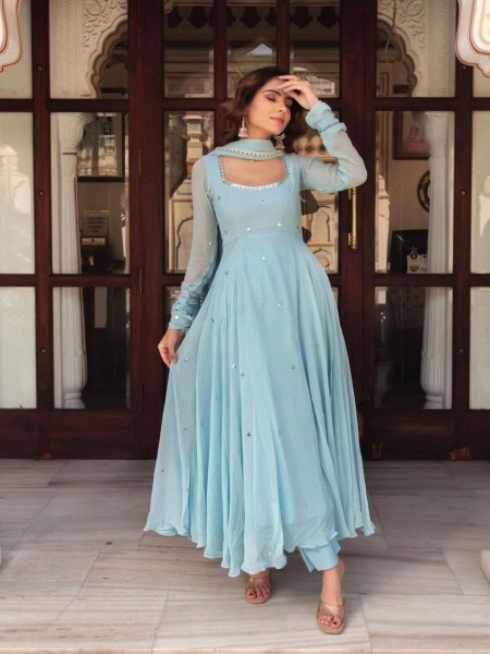 Perfect Sky Blue Fox Georgette Anarkali Suit with Silver Handwork for Festive Wear Kurtis