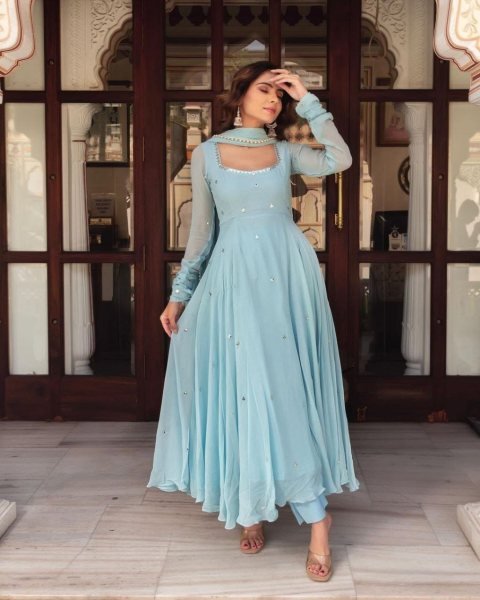 Perfect Sky Blue Fox Georgette Anarkali Suit with Silver Handwork for Festive Wear Anarkali Kurtis 