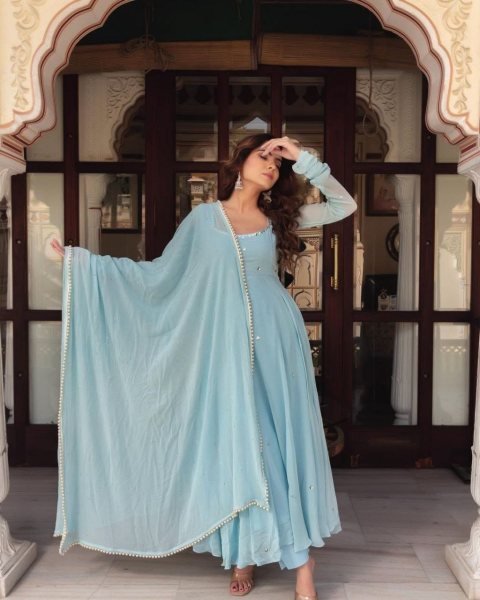 Perfect Sky Blue Fox Georgette Anarkali Suit with Silver Handwork for Festive Wear Anarkali Kurtis 