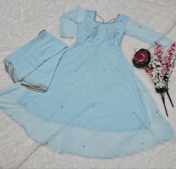 Perfect Sky Blue Fox Georgette Anarkali Suit with Silver Handwork for Festive Wear Anarkali Kurtis 