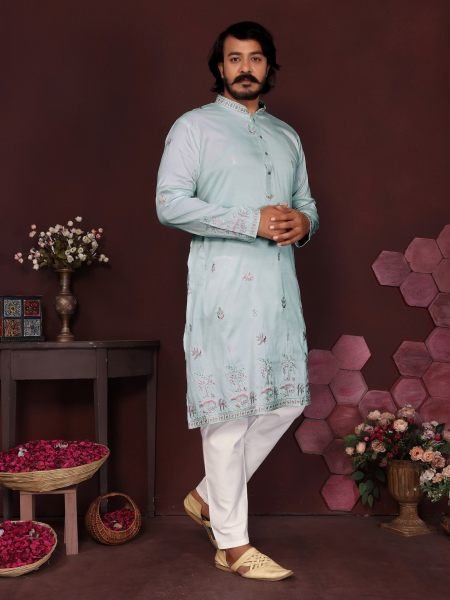 Perfect Sky Blue Smart Silk Embroidered Kurta with Raymond Cotton Pyjama 