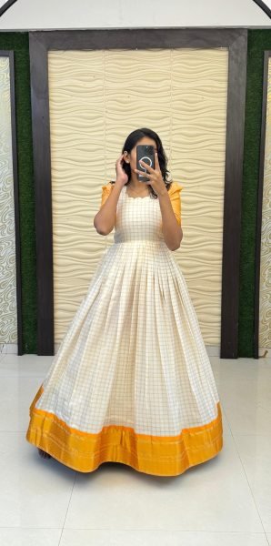 Perfect South Special Heavy Cotton Silk Gown with Jacquard Border Perfect for Weddings Anarkali Kurtis 
