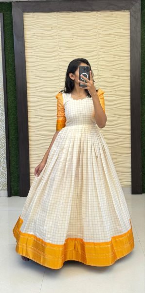 Perfect South Special Heavy Cotton Silk Gown with Jacquard Border Perfect for Weddings Anarkali Kurtis 