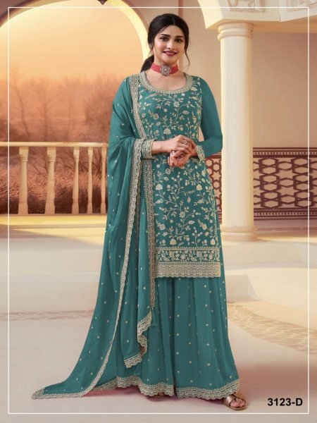 Perfect Teal Green Chinon Silk Suit with Matching Embroidered Dupatta Designer Plazzo Salwar Suits Wholesale