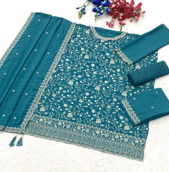 Perfect Teal Green Chinon Silk Suit with Matching Embroidered Dupatta Designer Plazzo Salwar Suits Wholesale