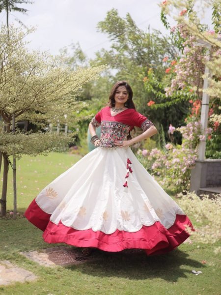 Perfect White Red Roman Fabric Navratri Lehenga Collection with Premium Boutique Quality  Lehenga