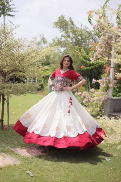 Perfect White Red Roman Fabric Navratri Lehenga Collection with Premium Boutique Quality Navratri Lehnega Choli