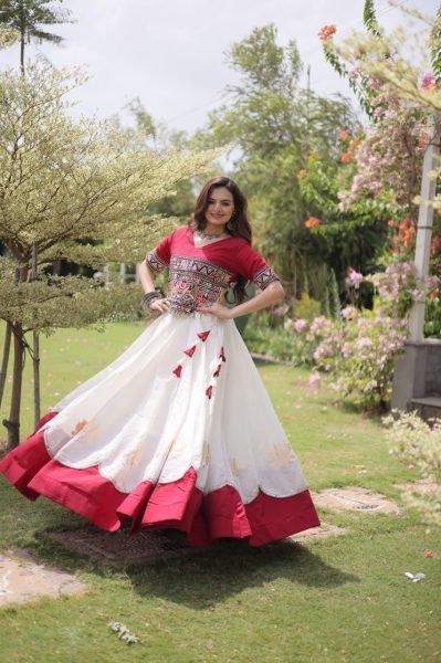 Perfect White Red Roman Fabric Navratri Lehenga Collection with Premium Boutique Quality Navratri Lehnega Choli