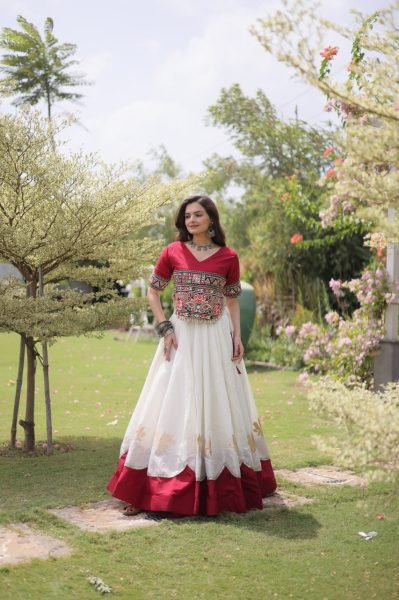 Perfect White Red Roman Fabric Navratri Lehenga Collection with Premium Boutique Quality Navratri Lehnega Choli