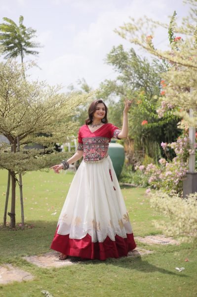 Perfect White Red Roman Fabric Navratri Lehenga Collection with Premium Boutique Quality Navratri Lehnega Choli