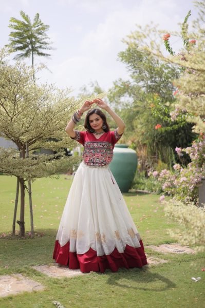 Perfect White Red Roman Fabric Navratri Lehenga Collection with Premium Boutique Quality Navratri Lehnega Choli