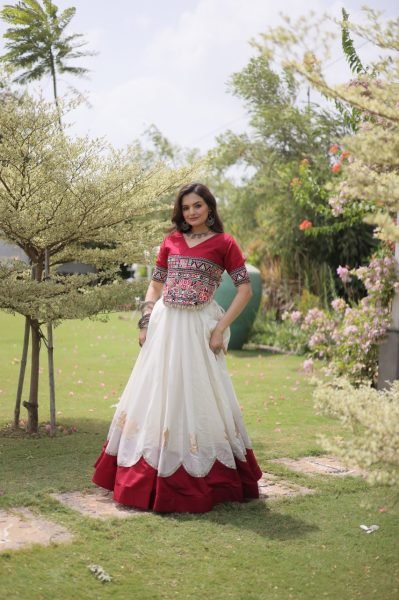 Perfect White Red Roman Fabric Navratri Lehenga Collection with Premium Boutique Quality Navratri Lehnega Choli